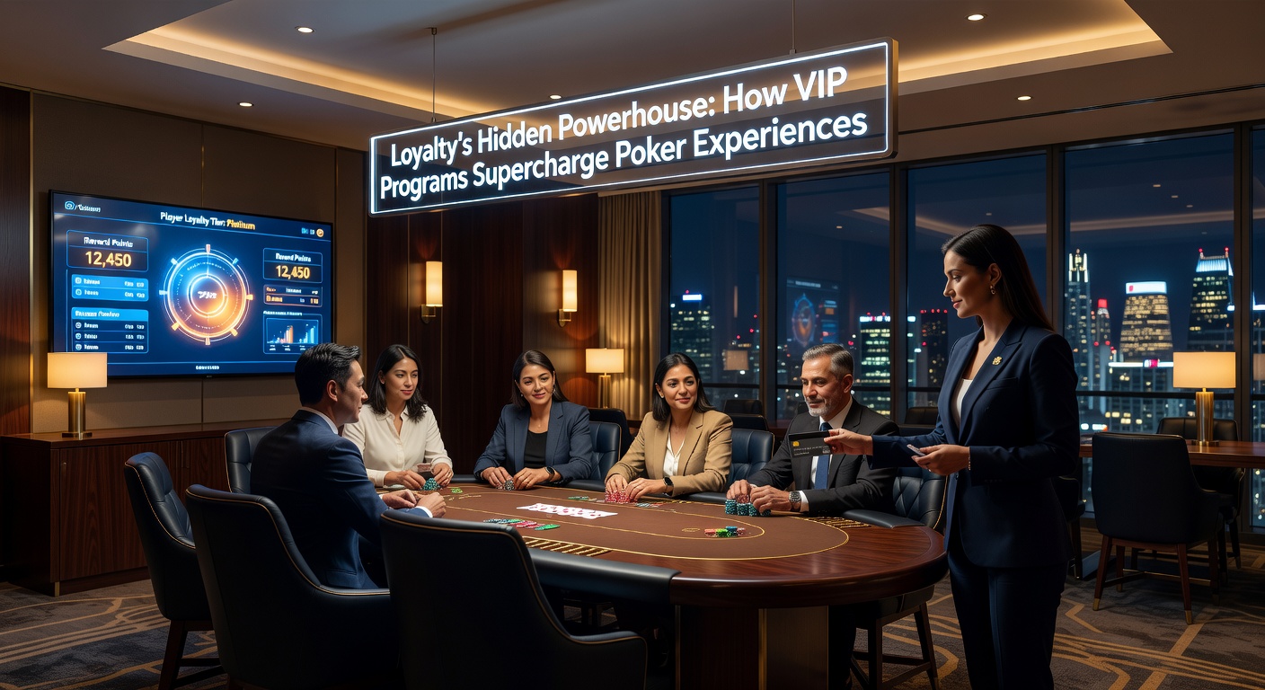 Gruppe von VIP-Poker-Spielern bei einem exklusiven Event mit Pokertisch, Champagner und Preisen